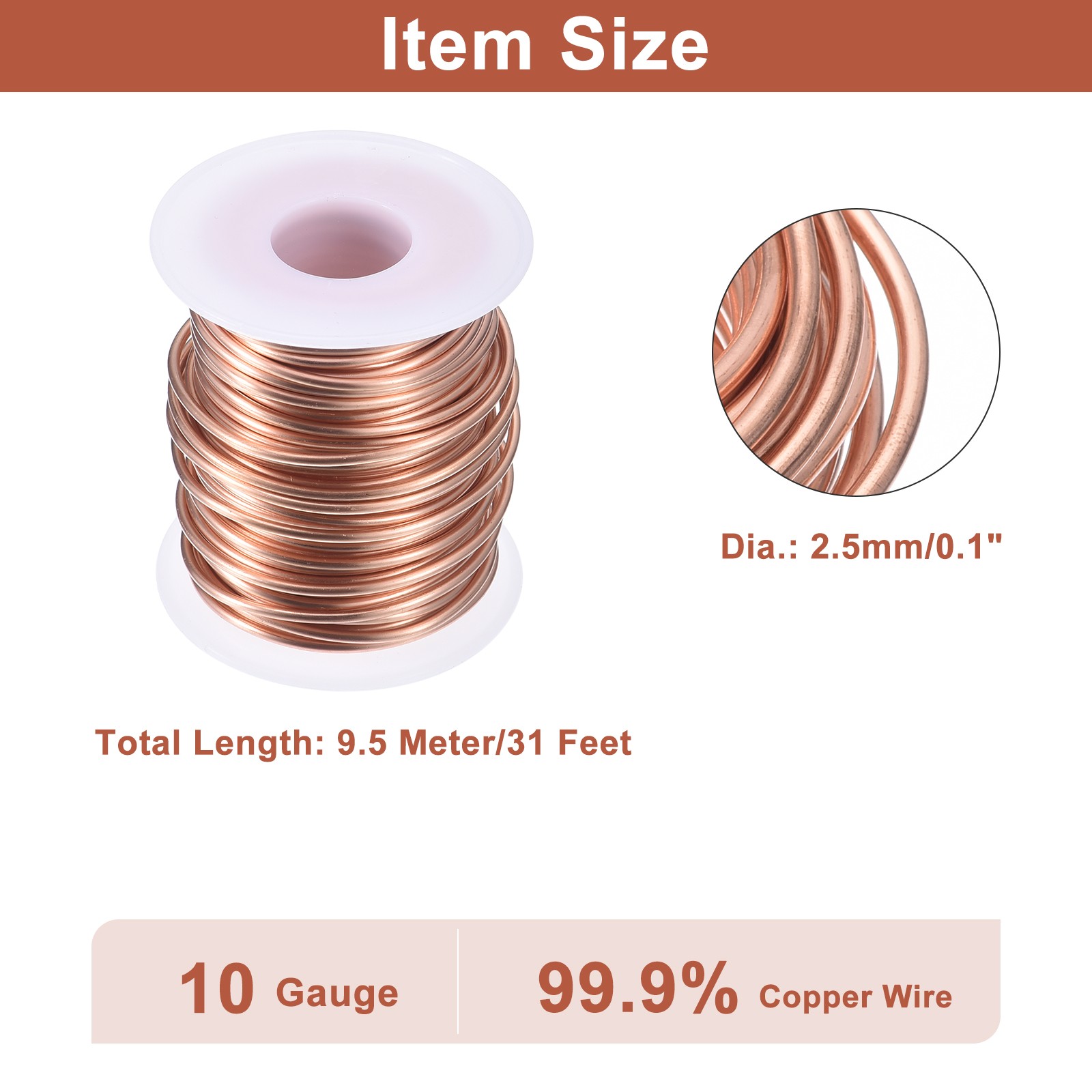 Soft Copper Wire (10 Gauge, 31 FT), 99.9% Pure Bare Copper Wire for Crafts