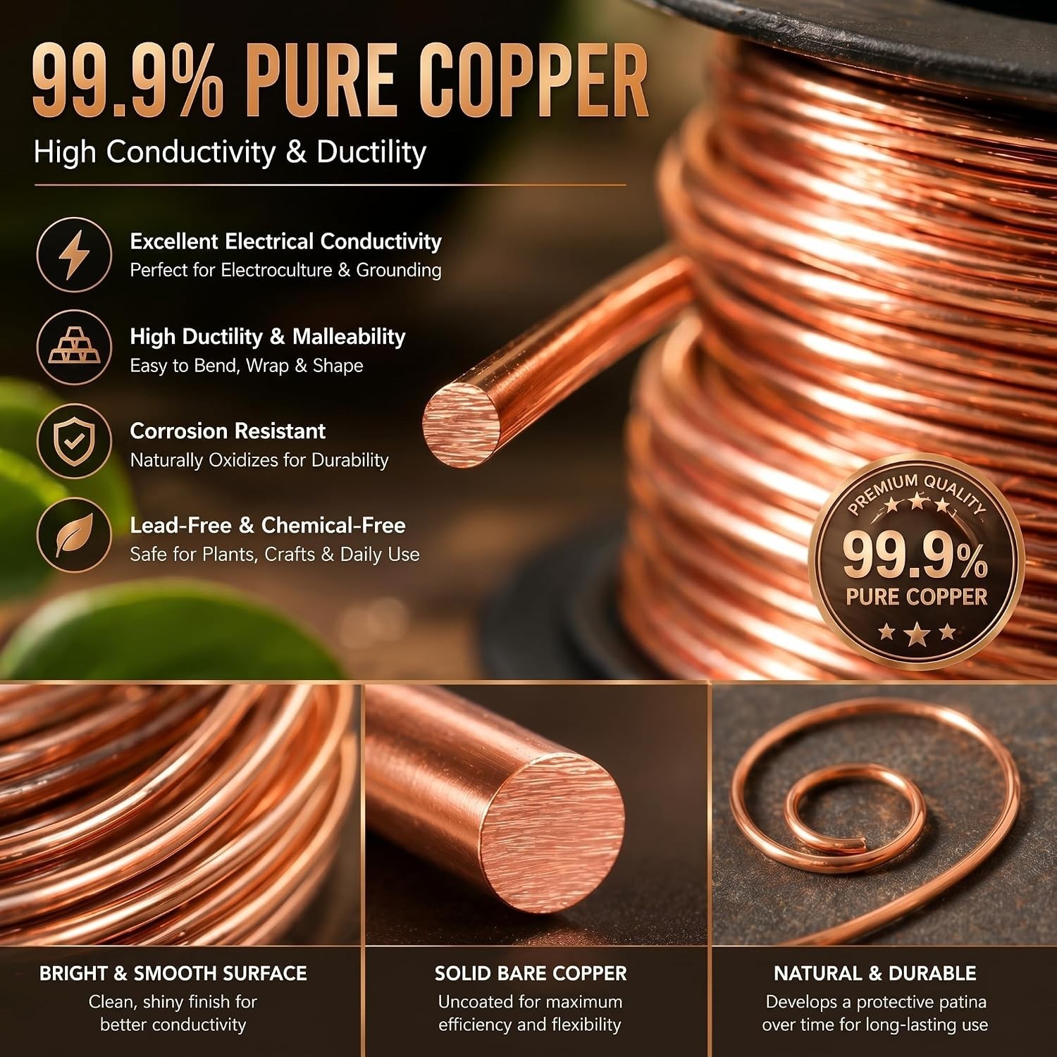 100ft 28 Gauge Pure Copper Wire Spool for Jewelry Making & Gardening Crafts