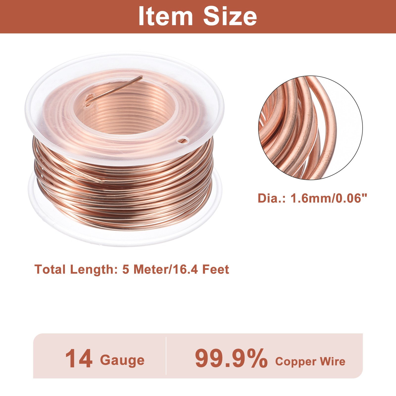 Soft Copper Wire (14 Gauge, 16.4 FT), 99.9% Pure Bare Copper Wire for Crafts