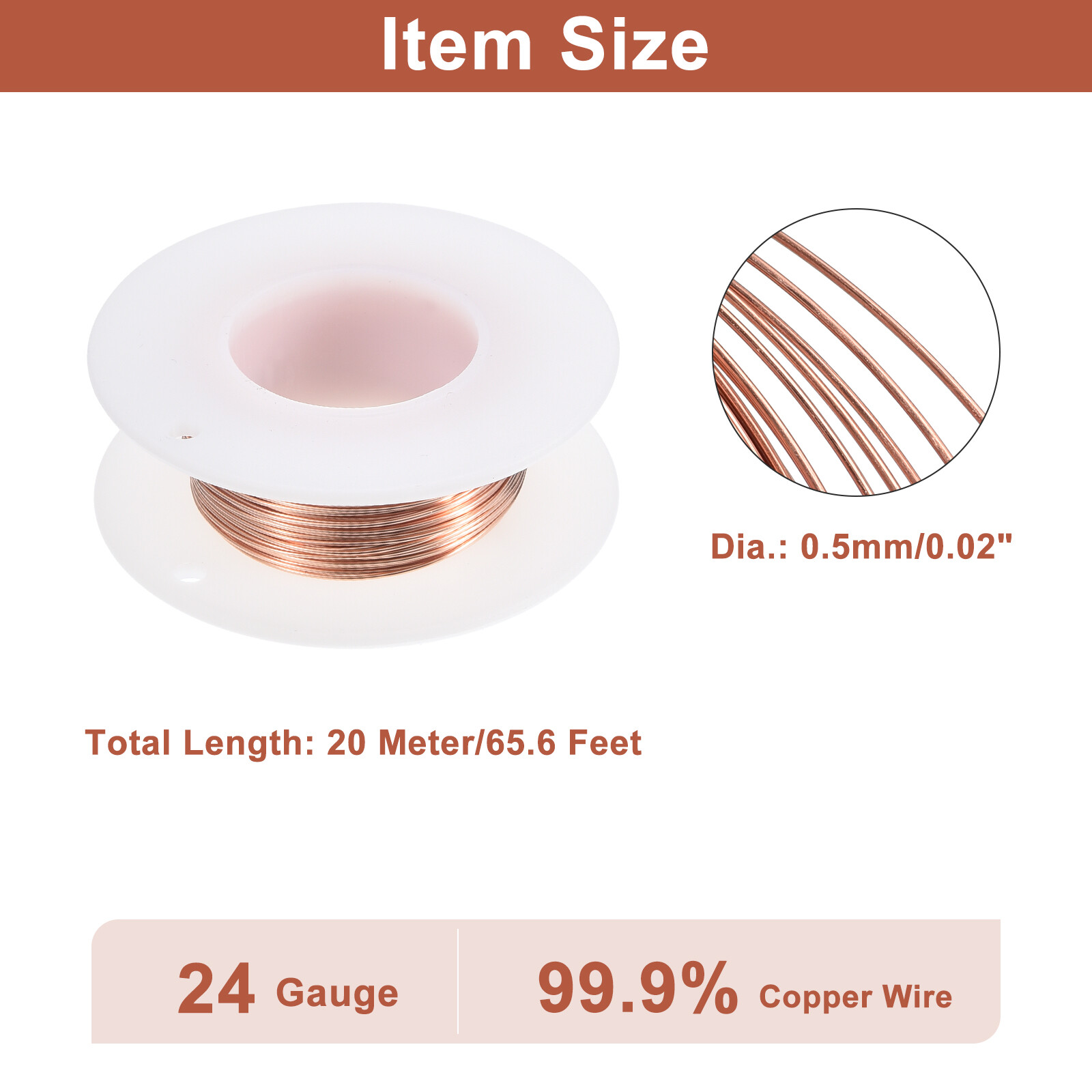 Soft Copper Wire (24 Gauge, 65.6 FT), 99.9% Pure Bare Copper Wire for Crafts