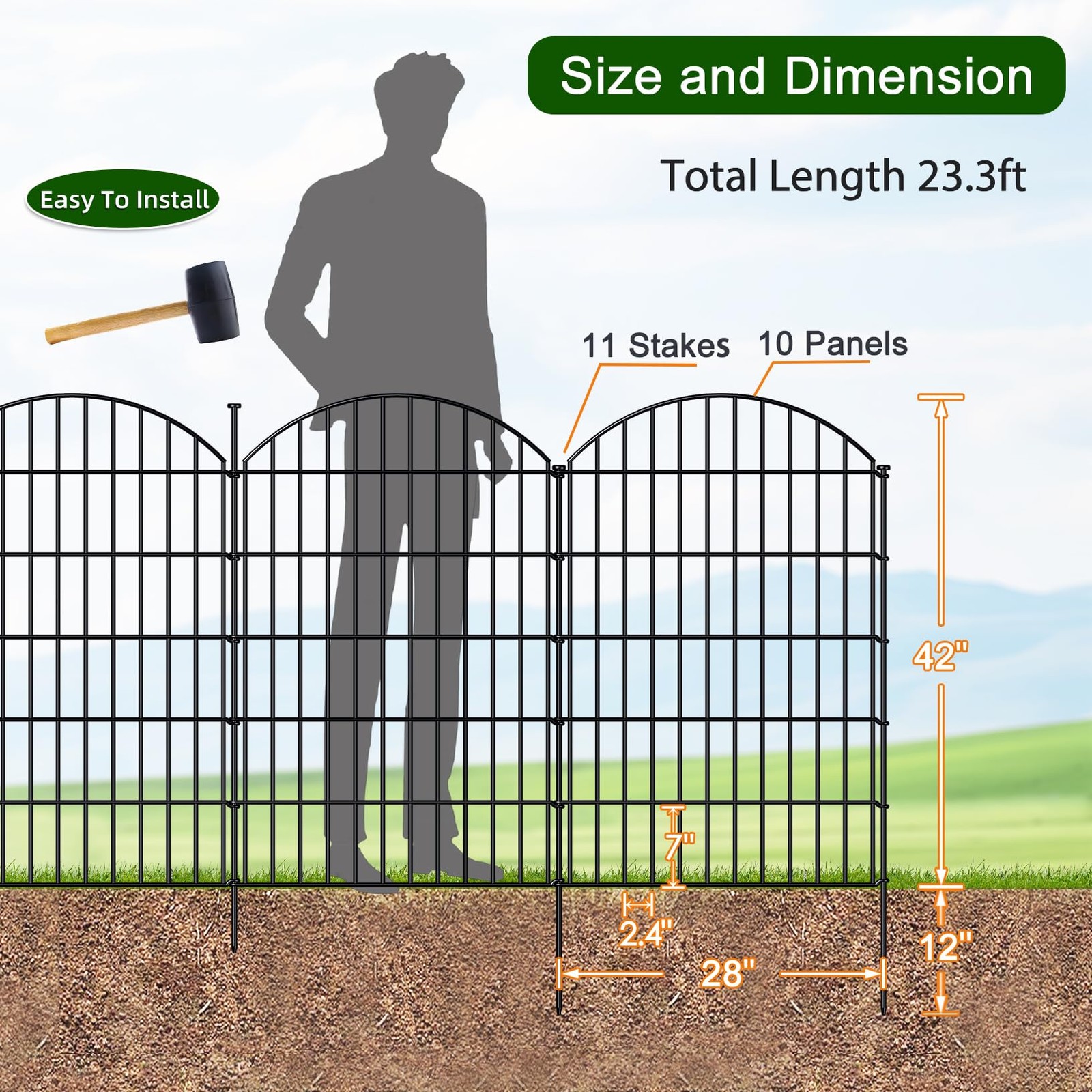 FOREHOGAR Metal Garden Fence 42in (H) x 23.3ft (L), 10 Panels + 11 Stakes Dog Fe