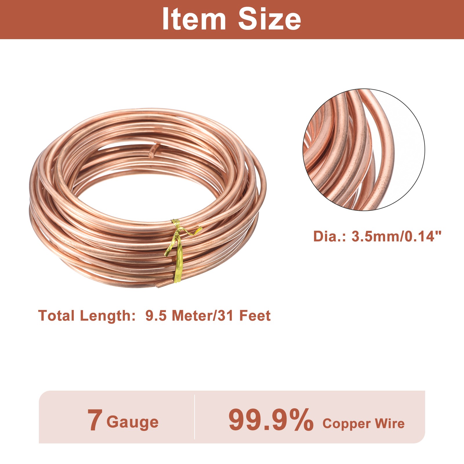 Soft Copper Wire (7 Gauge, 31 FT), 99.9% Pure Bare Copper Wire for Crafts