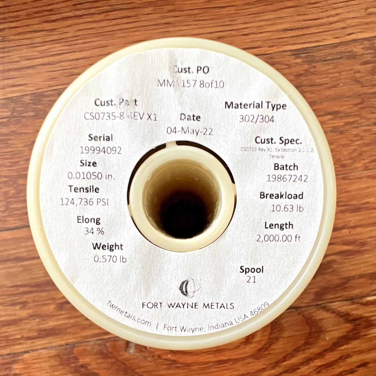 Fort Wayne Stainless 302/304 Wire 0.01050 in 2000 ft Spool, Lot of 20