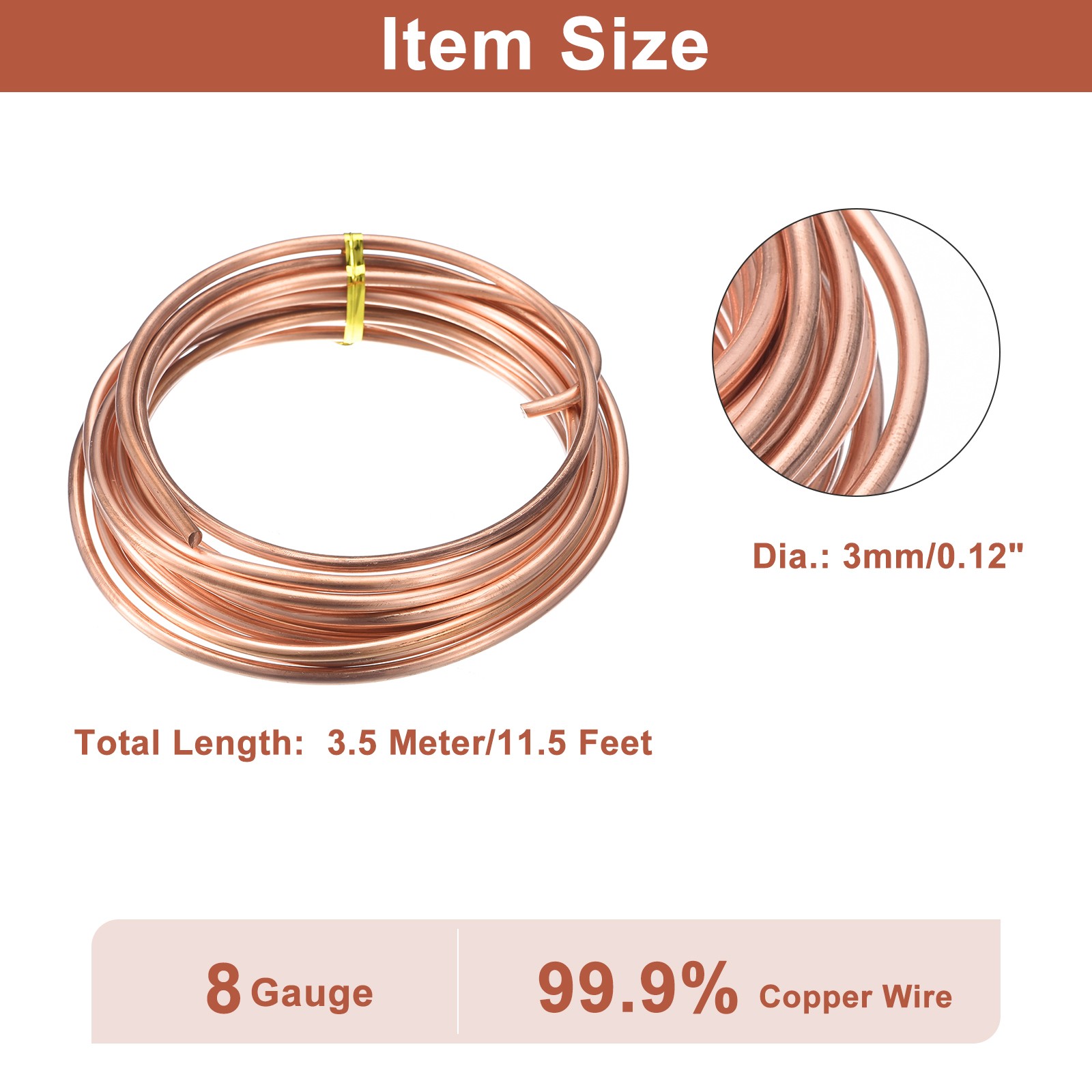 Soft Copper Wire (8 Gauge, 11.5 FT), 99.9% Pure Bare Copper Wire for Crafts