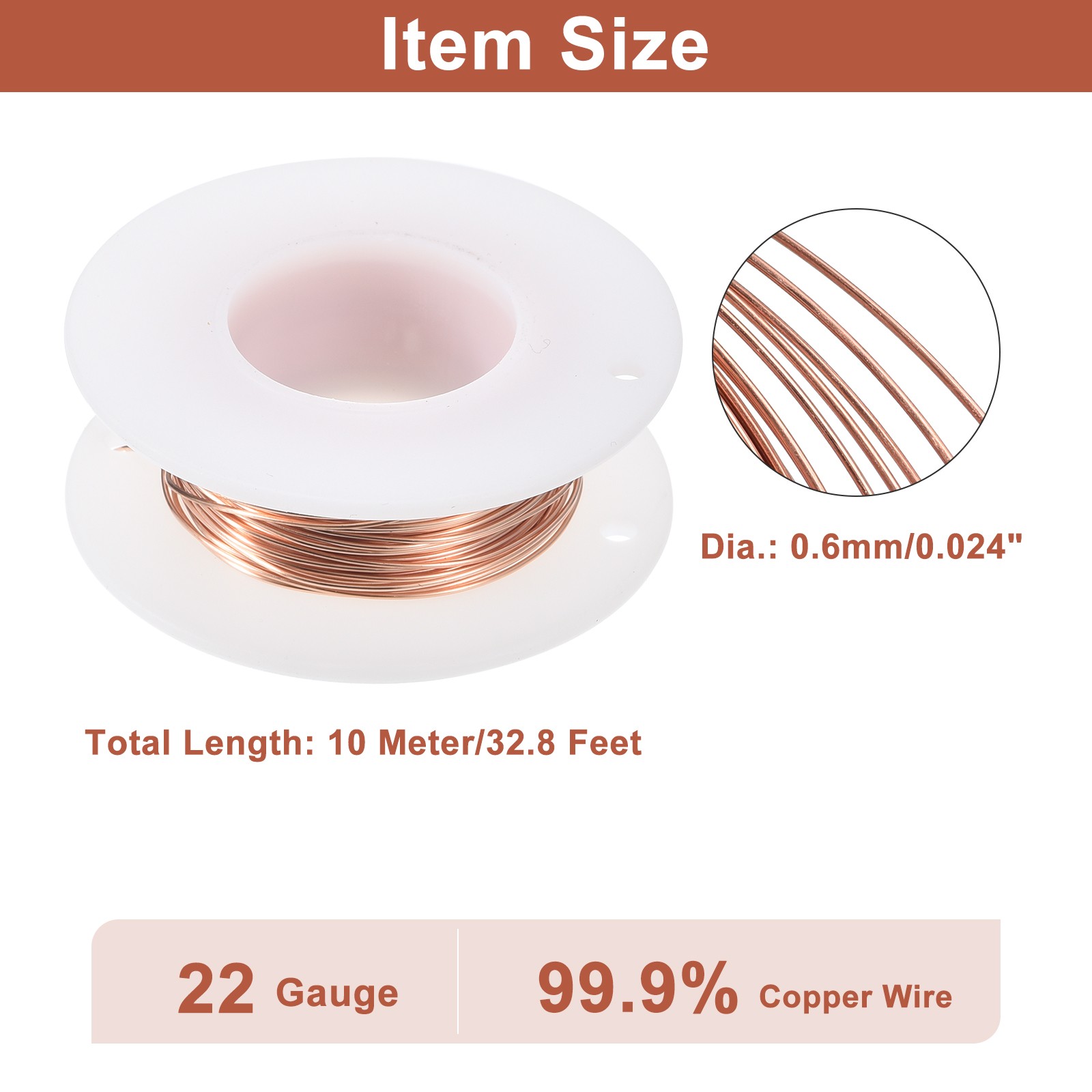 Soft Copper Wire (22 Gauge, 32.8 FT), 99.9% Pure Bare Copper Wire for Crafts