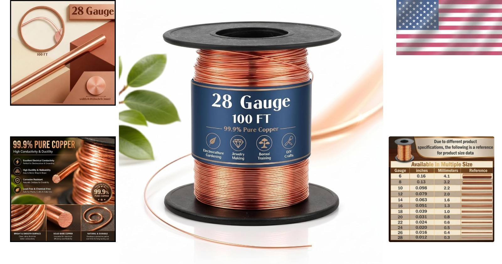 100ft 28 Gauge Pure Copper Wire Spool for Jewelry Making & Gardening Crafts