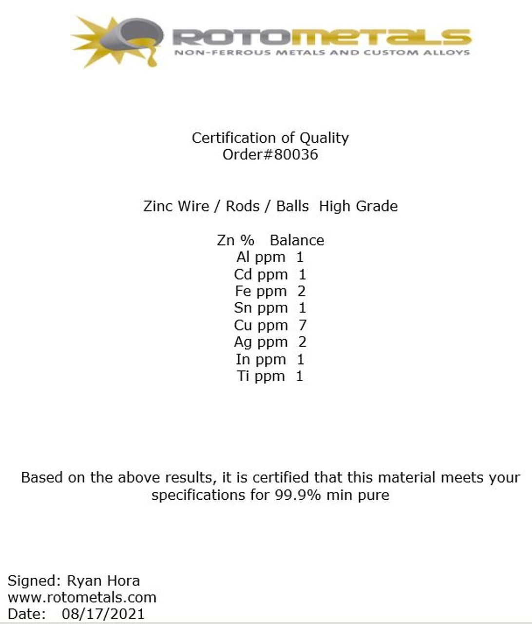 RotoMetals Zinc Wire .091 inch Diameter 10 Feet 99.9% min Made in USA