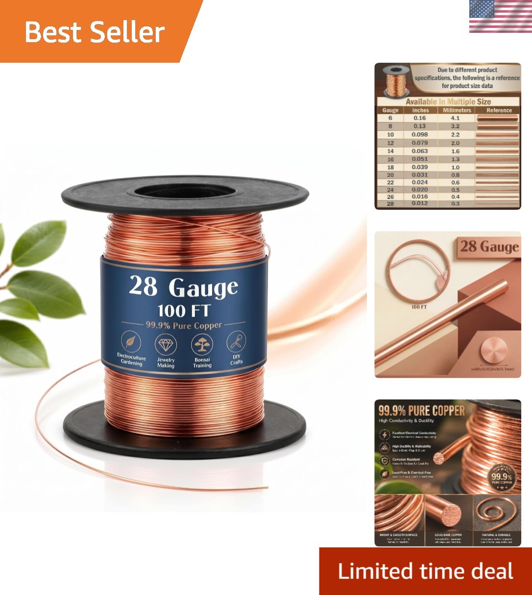 100ft 28 Gauge Pure Copper Wire Spool for Jewelry Making & Gardening Crafts