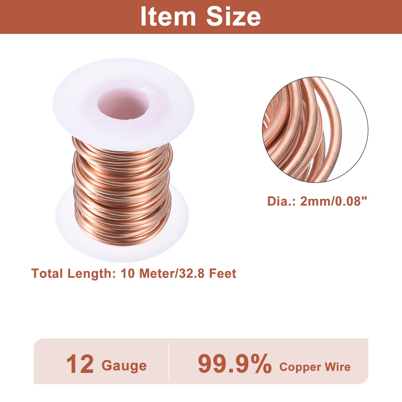 Soft Copper Wire (12 Gauge, 32.8 FT), 99.9% Pure Bare Copper Wire for Crafts