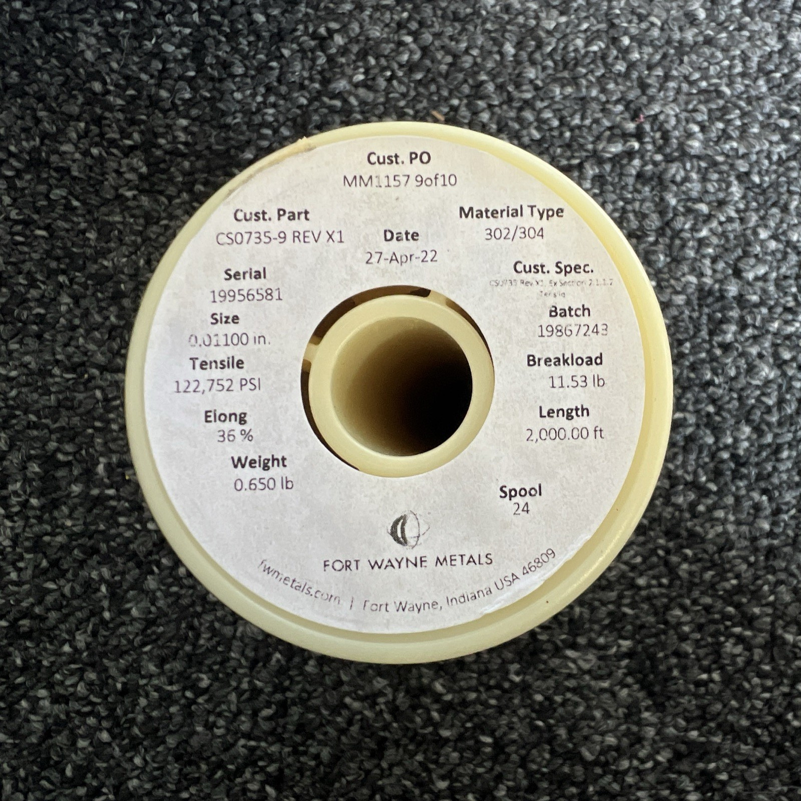 Fort Wayne Stainless 302/304 Wire 0.01100in 2000 ft Spool, Lot of 16