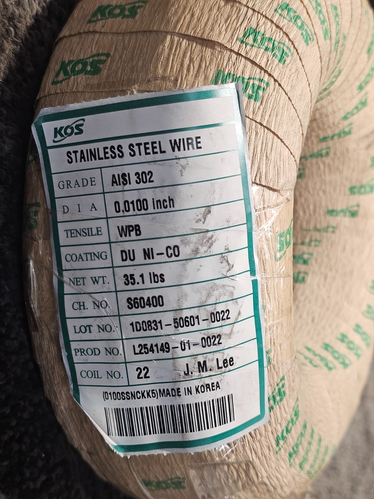 KOS L254149-01-0022 302 Stainless Steel Wire 0.0100″ Dia 35.1 lbs Spool